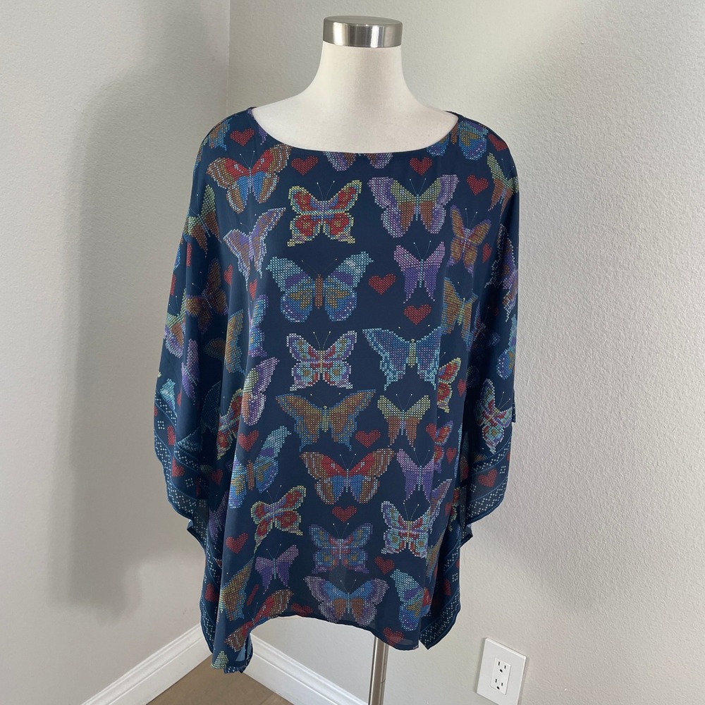 Quacker Factory by Jeanne Bice Womens Plus 1X Blue Butterfly Tunic Top Poncho